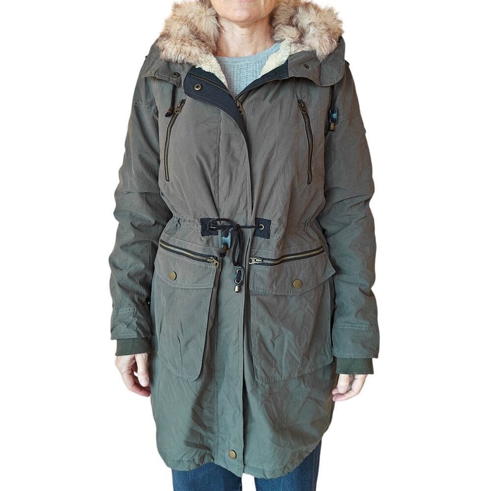 Lucky Brand Olive Green Faux Fur Hooded Parka Coat M